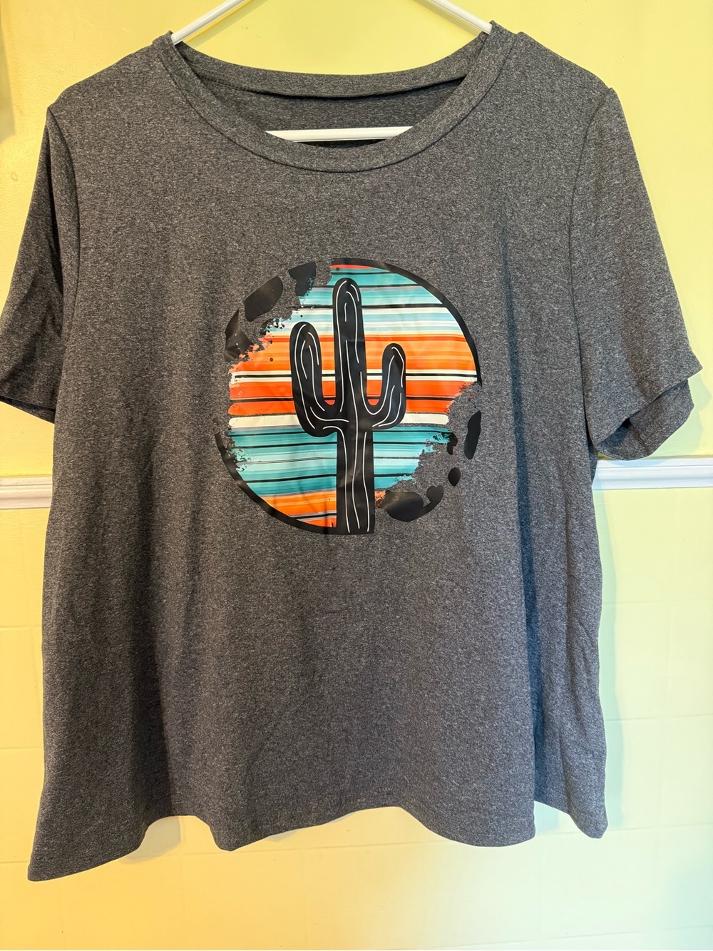 SHEIN Charcoal Gray Tee with Turquoise & Orange Cactus Graphic